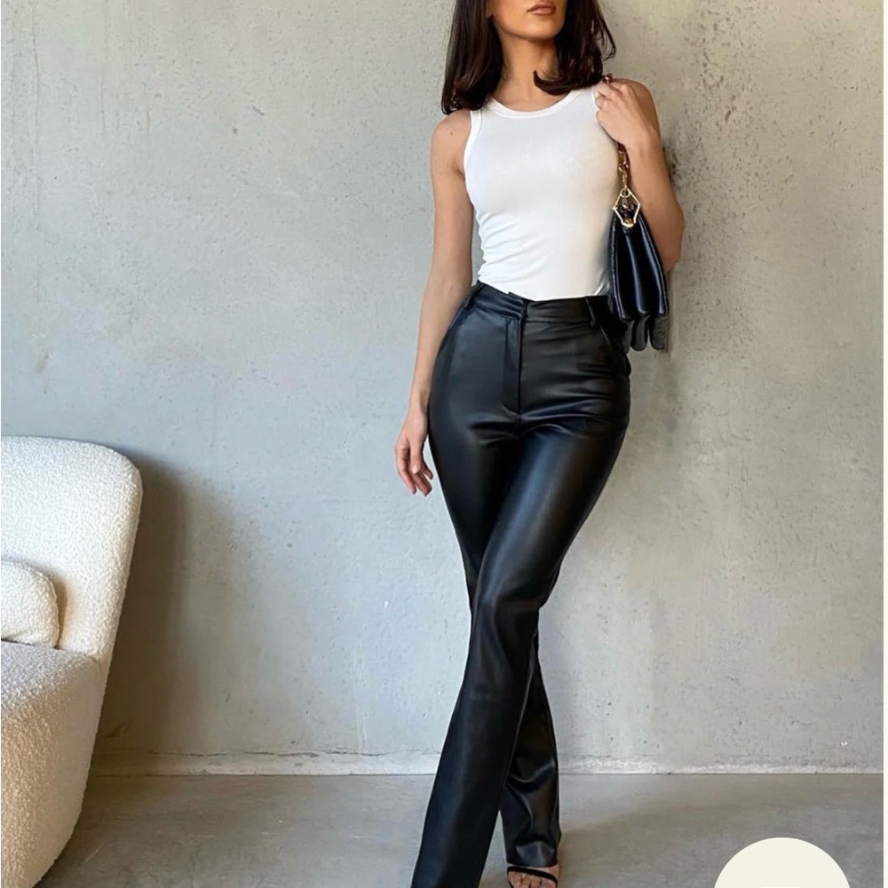 Straight Leg Faux Leather Pants - Black